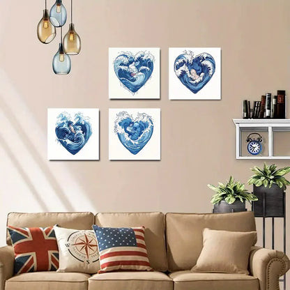 4pcs Surfing & Mermaid Designs, Blue & White Oce Wall Art Canvas Framed