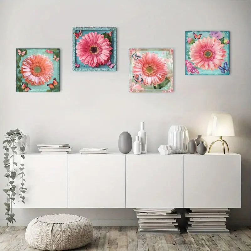 4pcs Colorful Butterfly Red Chrysanthemum Deco Wall Art Canvas Framed
