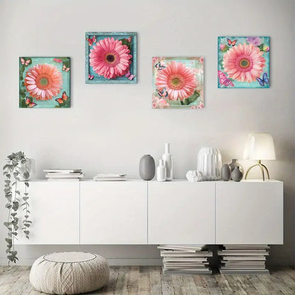 4pcs Colorful Butterfly Red Chrysanthemum Deco Wall Art Canvas Framed