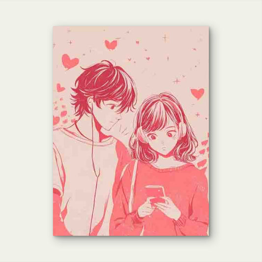 Cute Anime Couple with Smartphone Metal Print Ready to Hang