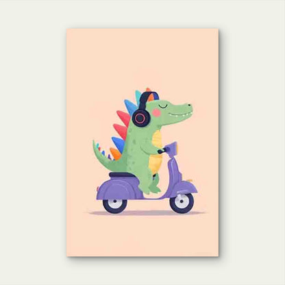 Cute Green Dinosaur Riding Purple Scooter Metal Print Ready to Hang