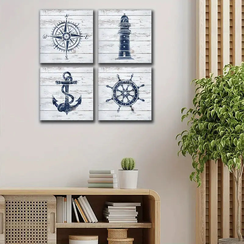 4pcs Navy And White Lighthouse Decor Boat Anchor Wall Art Canvas Framed