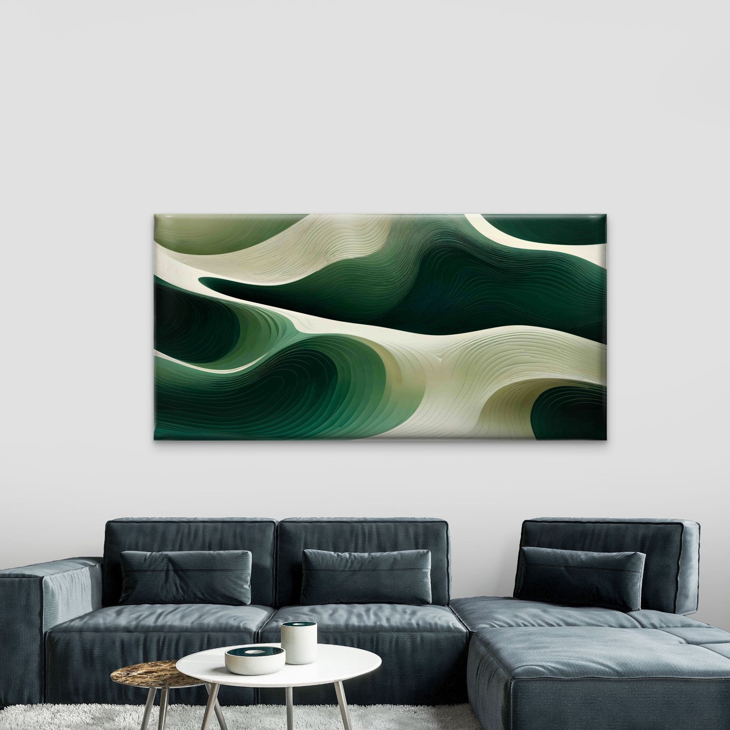 Green And Cream Abstract Waves Wall Art Canvas Office Home Room Framed 120x60cm