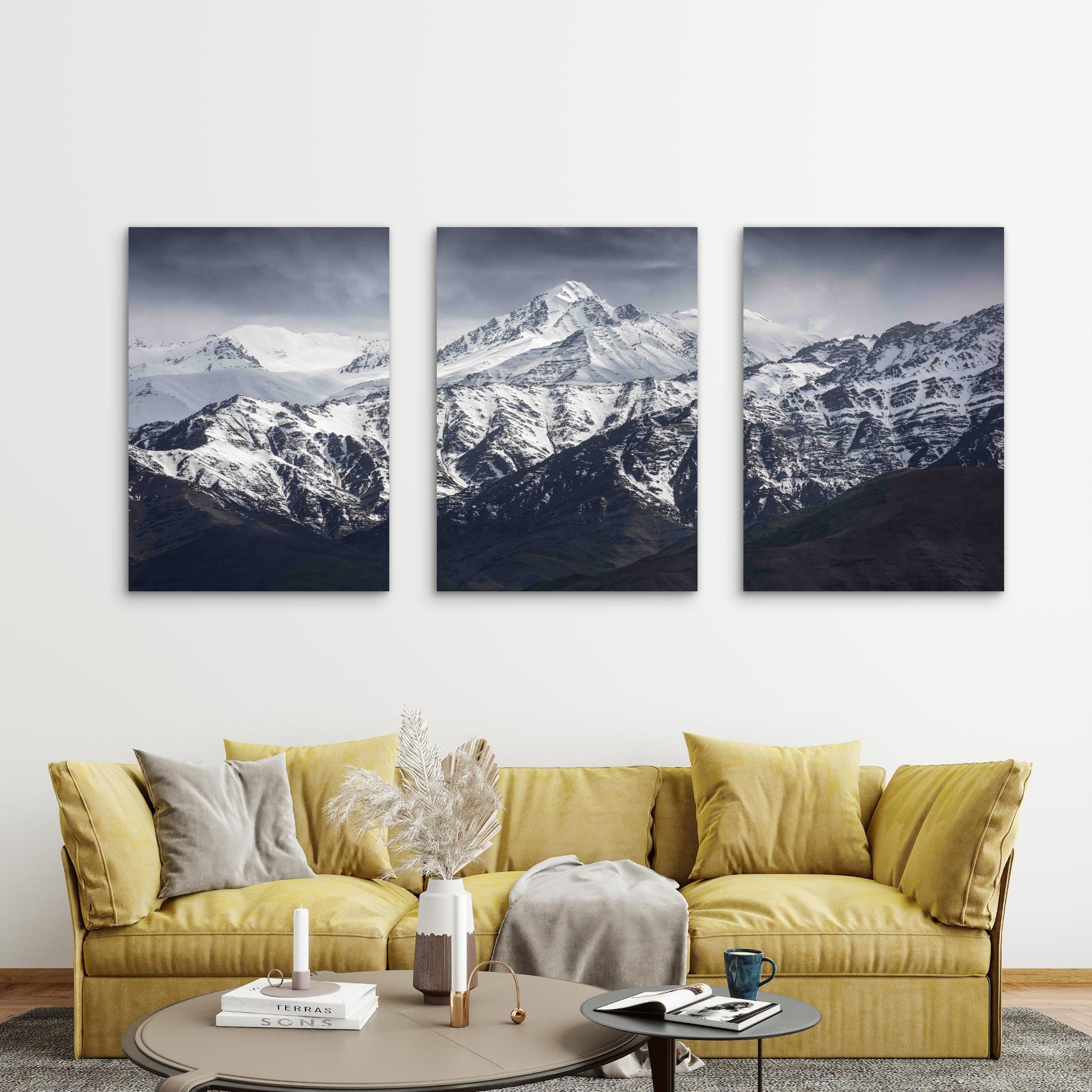 3pcs Snowy Mountain Peak Under Gray Sky Metal Print Ready to Hang Art - Bella Home Decor