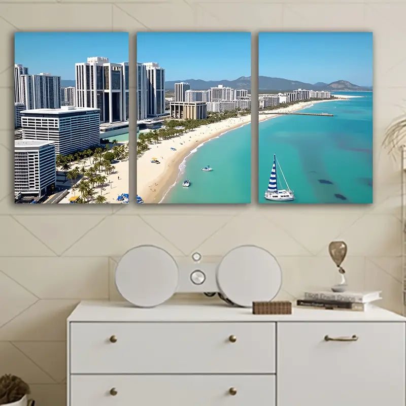 3pcs Beach Coastal Cityscape With Palm Trees Wall Art Set Canvas Framed 40x60cm - High Quality Print 100% Australian Made Wall Canvas Ready to Hang - Bella Home Decor