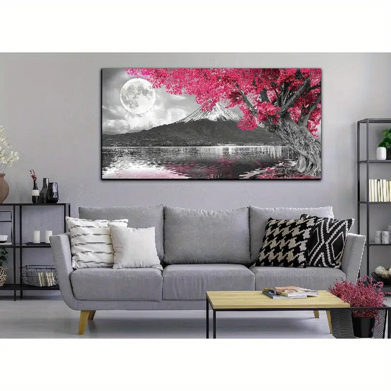 Pink Tree Night Sky Full Moon Mountain Wall Art canvas office home room framed 120x60cm - Bella Home Decor
