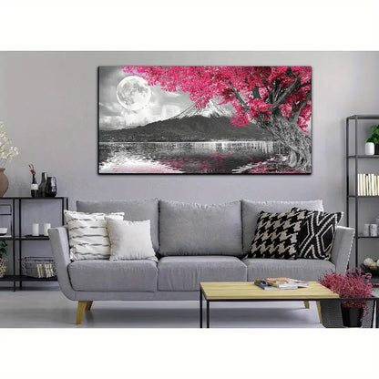 Pink Tree Night Sky Full Moon Mountain Wall Art canvas office home room framed 120x60cm - Bella Home Decor