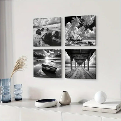 4pcs Floral & Landscape Ink  Wall Art Canvas Framed