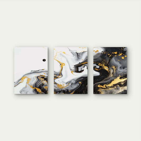 3pcs Black White Luxury Fluid Gold Splatter Wall Art Set Canvas Framed 40x60cm - High Quality Print 100% Australian Made Wall Canvas Ready to Hang