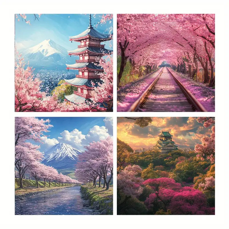 4pcs Mt. Fuji Posters, Cherry Blossom Wall Art Canvas Framed