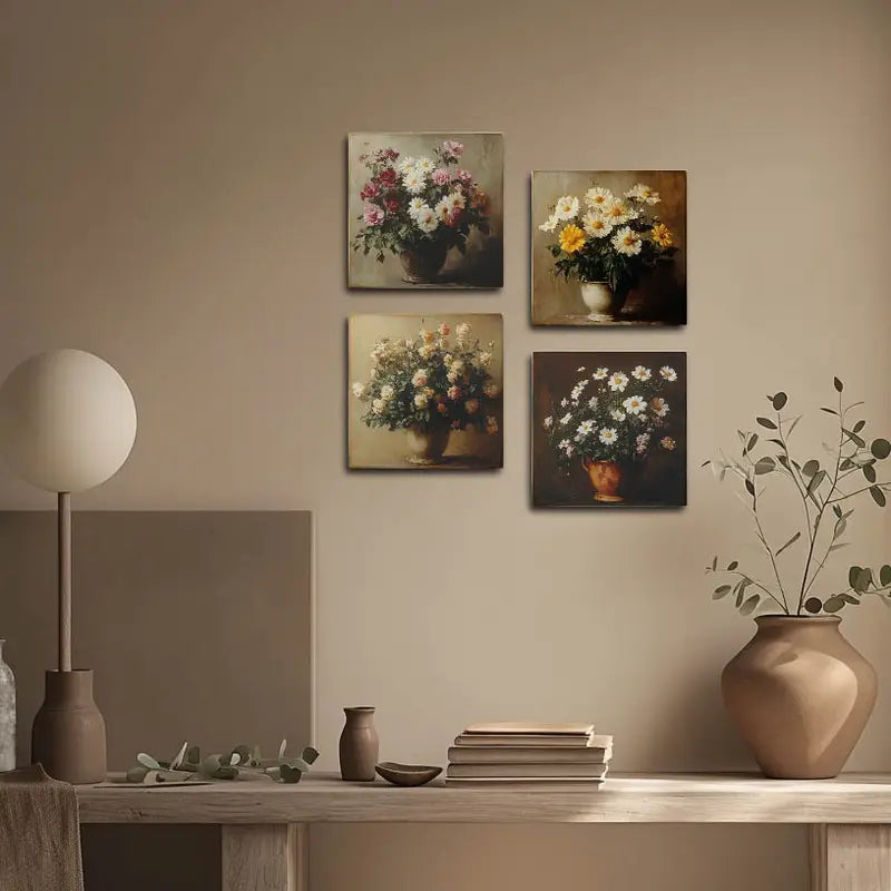 4pcs Colourfull Flower Vases Wall Art Canvas Framed - Bella Home Decor