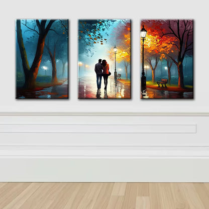 3pcs Lovers taking a walk Illustration Wall Art Set Canvas Framed 40x60cm - High Quality Print 100% Australian Made Wall Canvas Ready to Hang