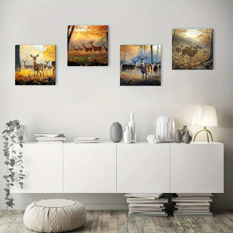 4pcs Rustic Deer Wildlife Animal Art Forest Wall Art Canvas Framed