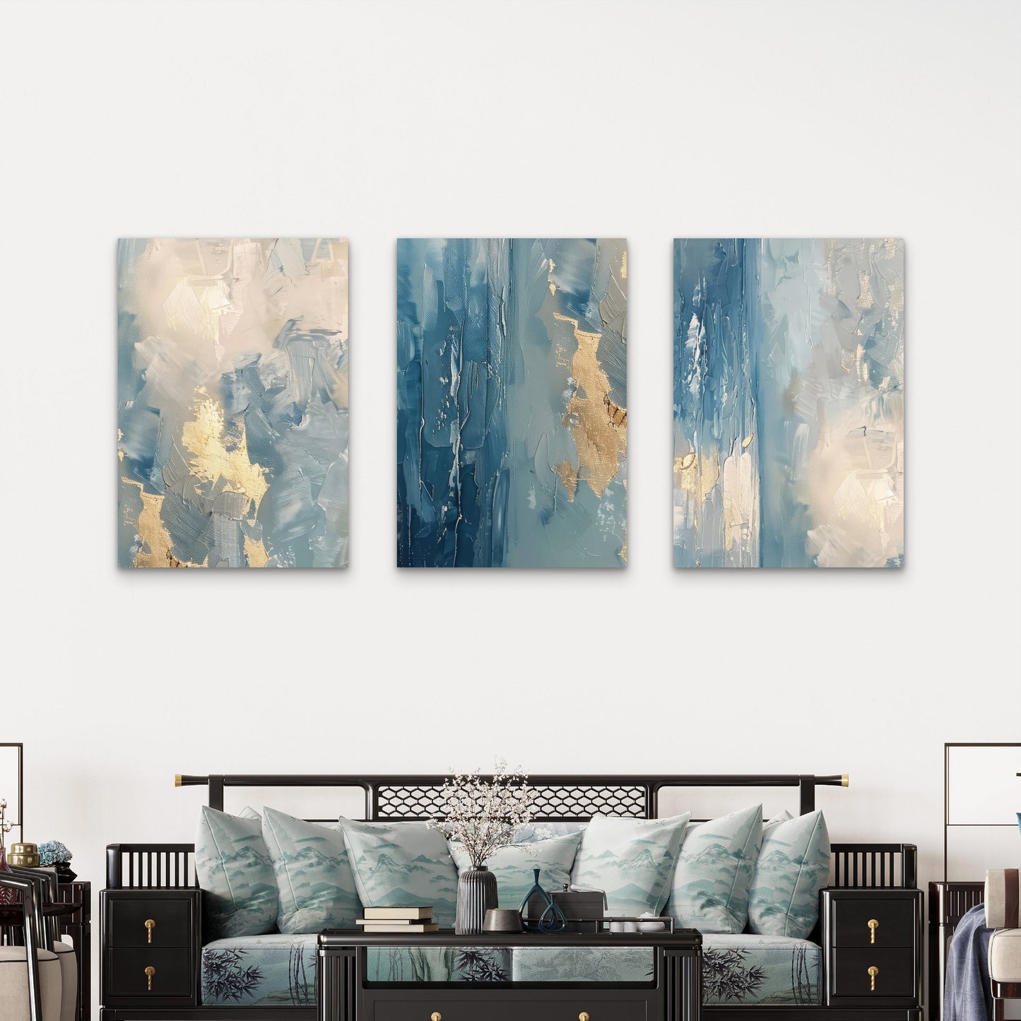 3pcs Light Blue Gold Abstract Oil Painting  Wall Art Set Canvas Framed 40x60cm - High Quality Print 100% Australian Made Wall Canvas Ready to Hang