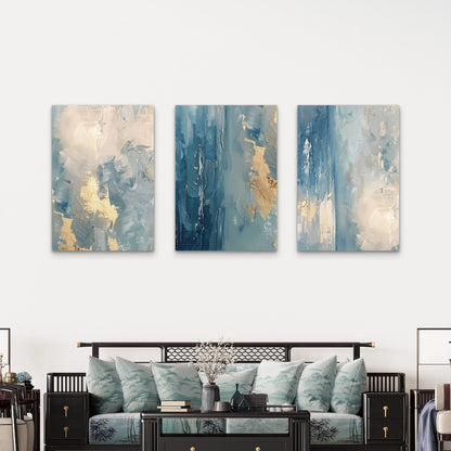 3pcs Light Blue Gold Abstract Oil Painting  Wall Art Set Canvas Framed 60x90cm - High Quality Print 100% Australian Made Wall Canvas Ready to Hang