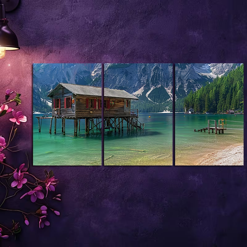 3pcs Mountains And House on Lakes Wall Art Set Canvas Framed 40x60cm - High Quality Print 100% Australian Made Wall Canvas Ready to Hang