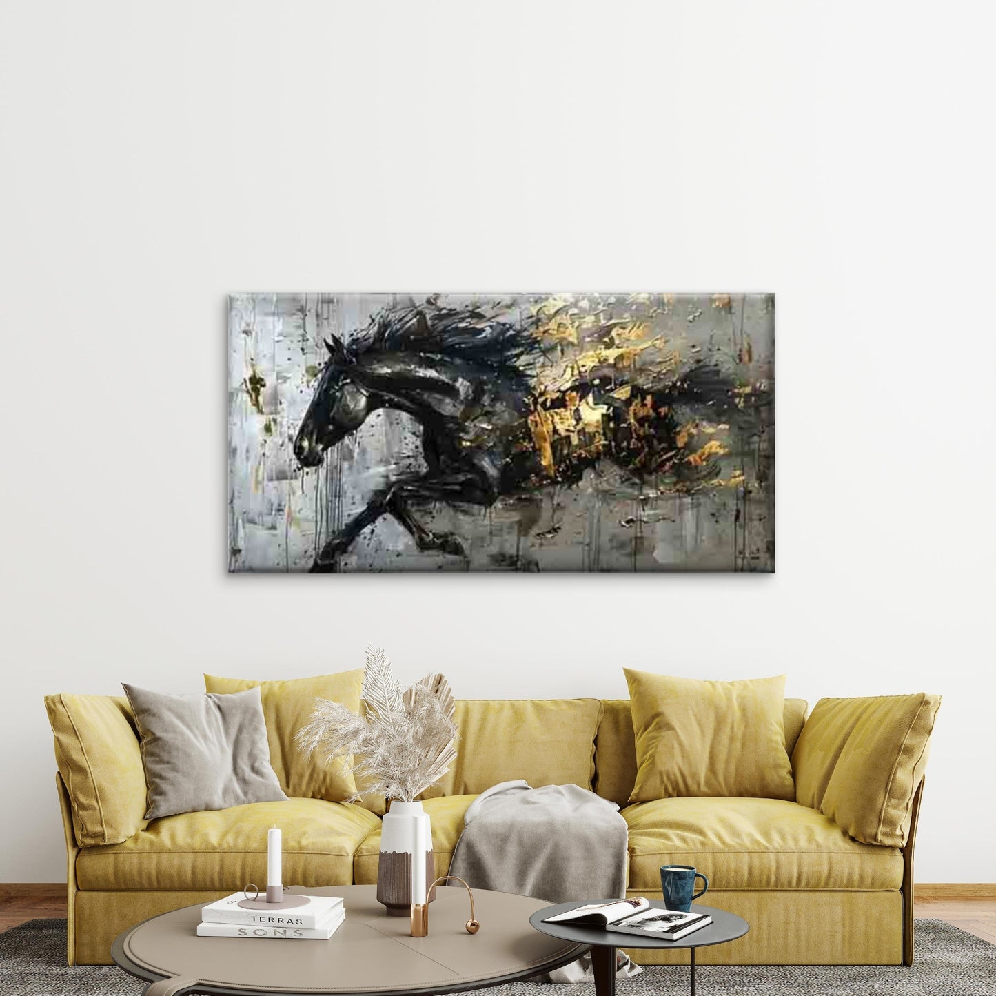 Abstract Black And Golden Horse Wall Art Canvas Office Home Room Framed 120x60cm