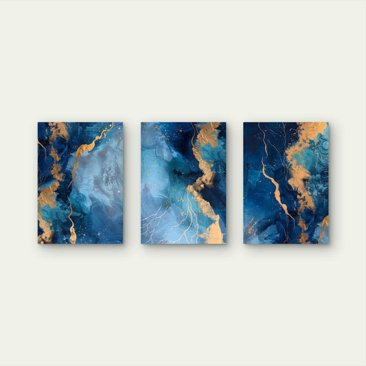 3pcs Navy Blue Teal Abstract Gold Marble Wall Art Set Canvas Framed 60x90cm - High Quality Print 100% Australian Made Wall Canvas Ready to Hang