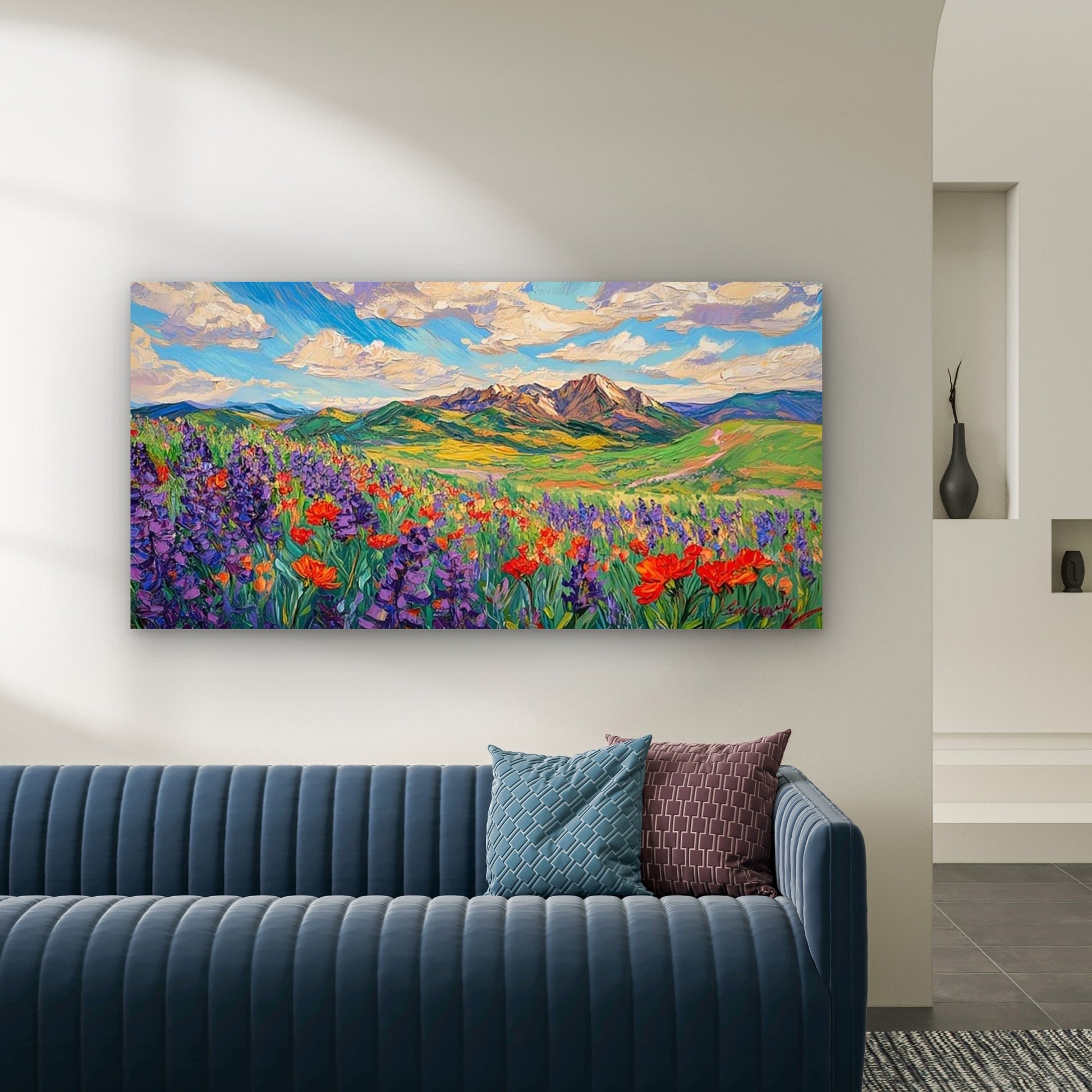 Retro Mountain Wildflowers Wall Art Canvas Office Home Room Framed 120x60cm - Bella Home Decor