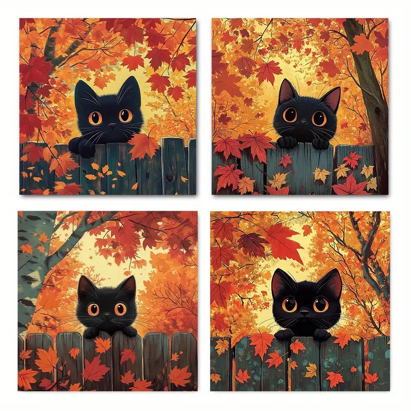 4pcs Cute Black Cat & Autumn Maple Leaves Design Wall Art Canvas Framed