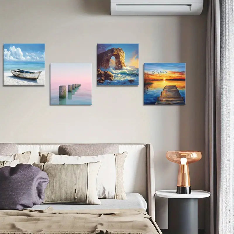 4pcs Sunset & Wave Scenes Wall Art Canvas Framed