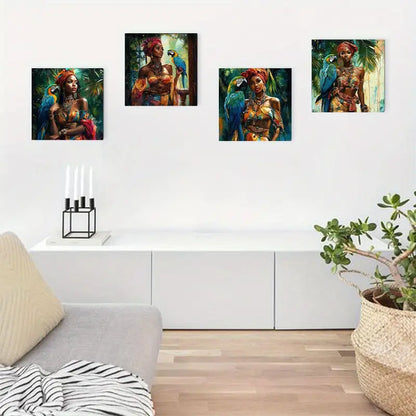 4pcs Women with Parrots, Colorful  Wall Art Canvas Framed