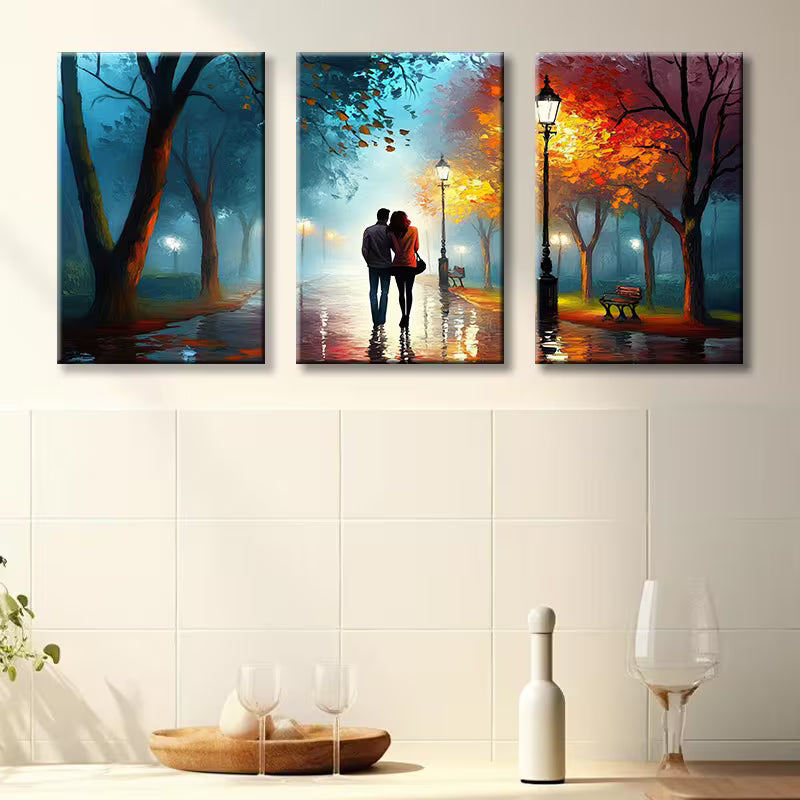 3pcs Lovers taking a walk Illustration Wall Art Set Canvas Framed 40x60cm - High Quality Print 100% Australian Made Wall Canvas Ready to Hang
