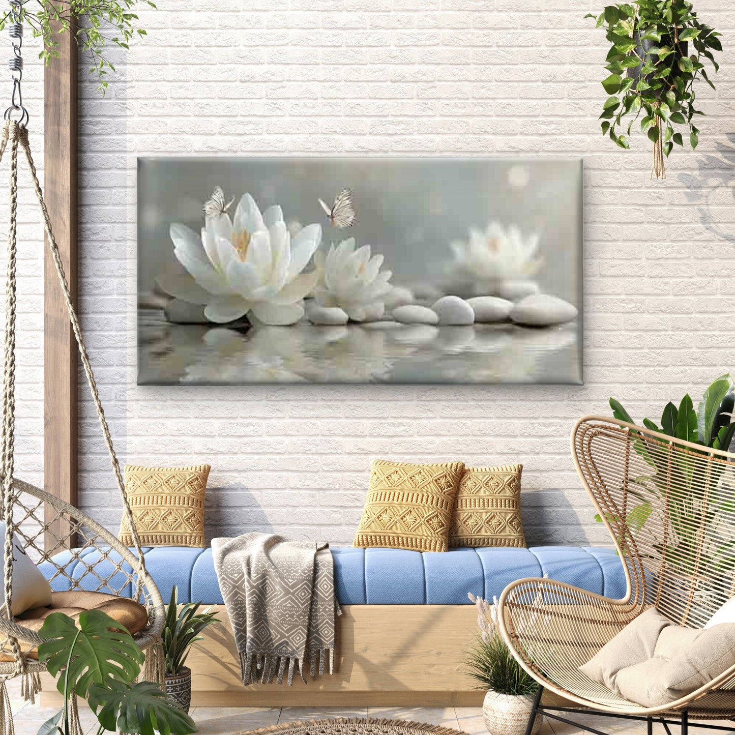 Lotus Accompanied by Butterflie Wall Art Canvas Office Home Room Framed 120x60cm