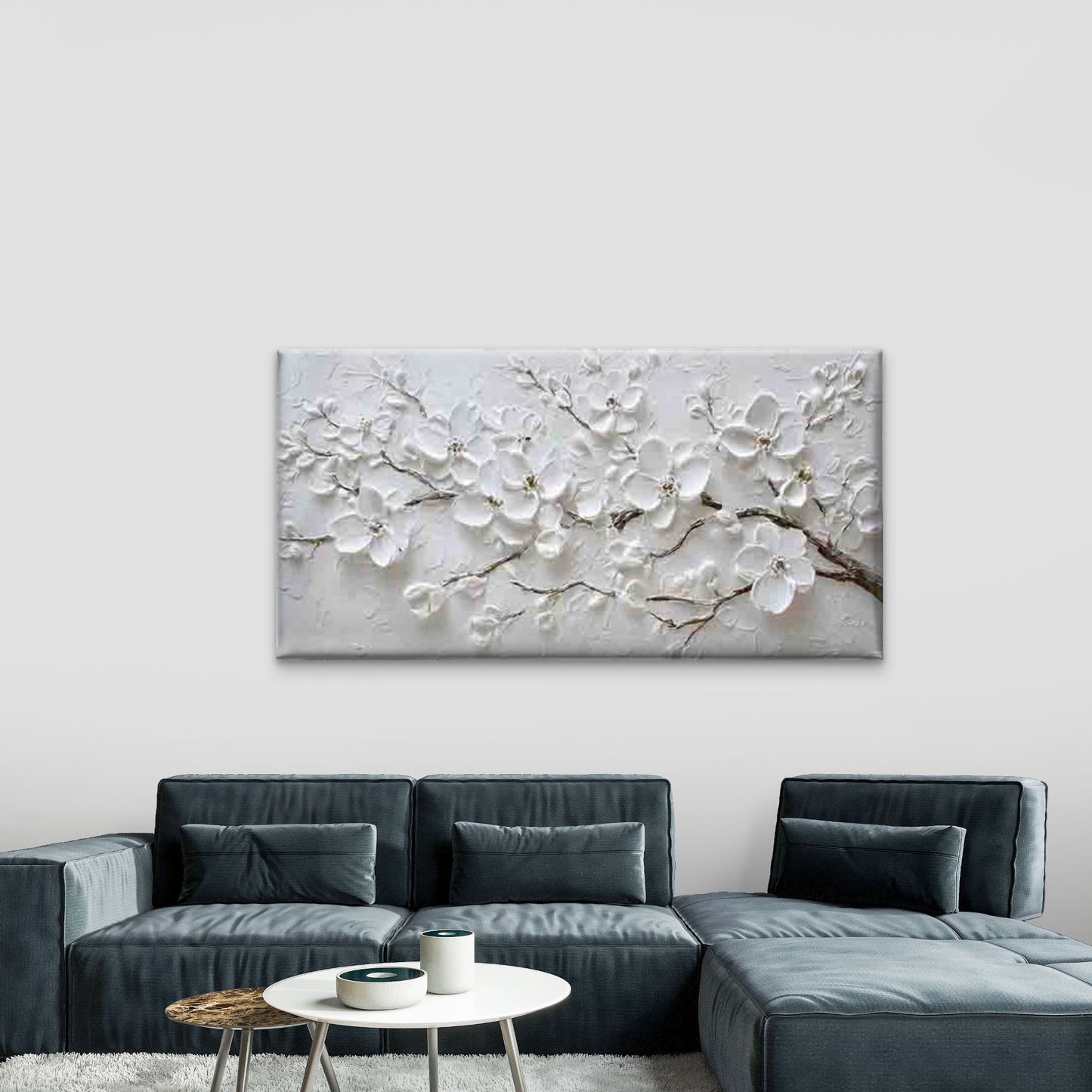 Abstract White Blossoms Wall Art Canvas Office Home Room Framed 120x60cm - Bella Home Decor
