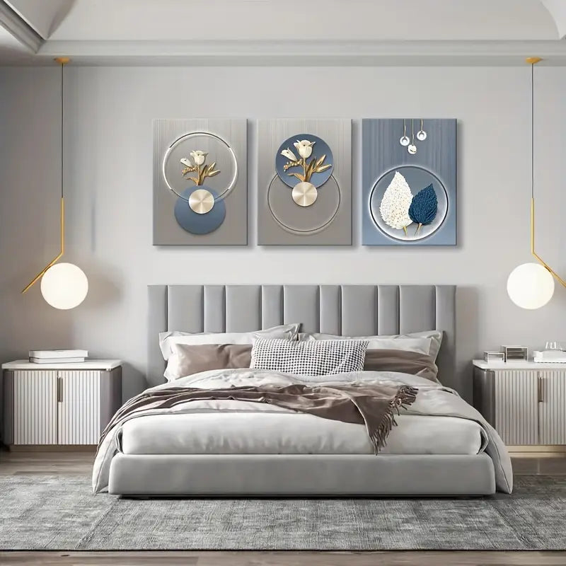 3pcs Abstract Flower Wall Art Metal Print Ready to Hang Art - Bella Home Decor