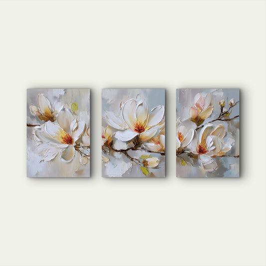 3pcs Thick Palette Knife White Blossom Triptych Wall Art Set Canvas Framed 40x60cm - High Quality Print 100% Australian Made Wall Canvas Ready to Hang - Bella Home Decor