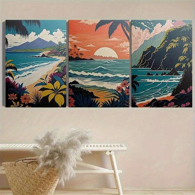 3pcs Island Landscape With Ocean Waves Metal Print Ready to Hang Art