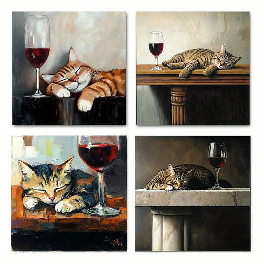 4pcs Sleeping Cats & Wine Glasses Wall Art Canvas Framed