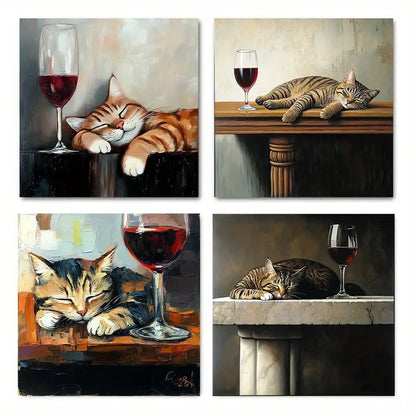 4pcs Sleeping Cats & Wine Glasses Wall Art Canvas Framed