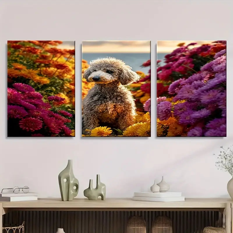 3pcs Charming Poodle Dog In Vibrant Floral Design Metal Print Ready to Hang Art - Bella Home Decor