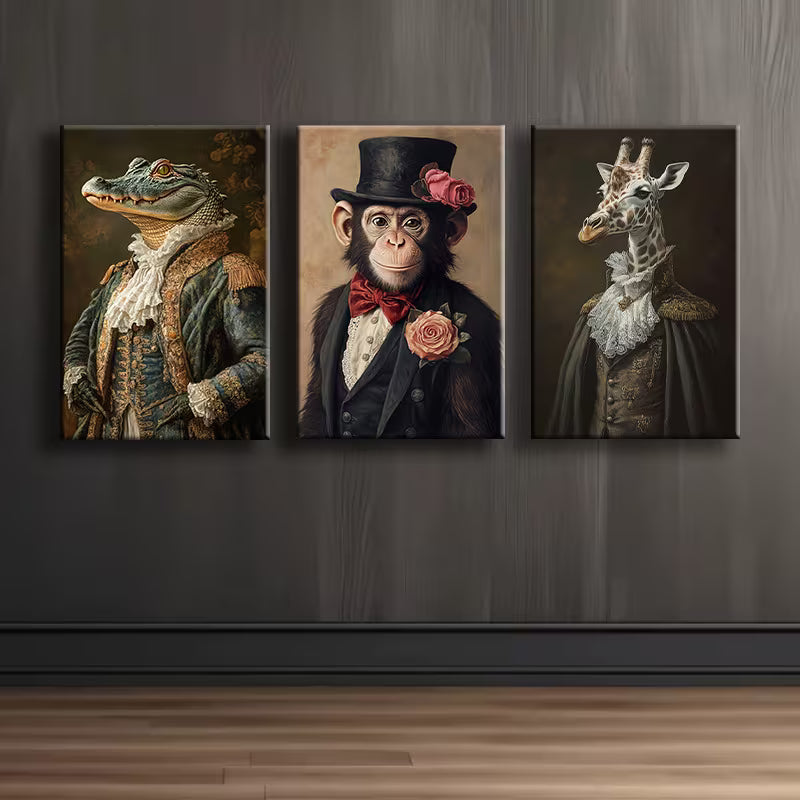 3pcs Animal Portraits in Vintage Attire Wall Art Set Canvas Framed 40x60cm - High Quality Print 100% Australian Made Wall Canvas Ready to Hang - Bella Home Decor