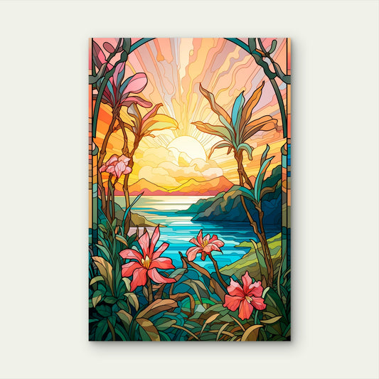 Tropical Beach Sunset Palm Flower 40x60cm Metal Print Ready to Hang