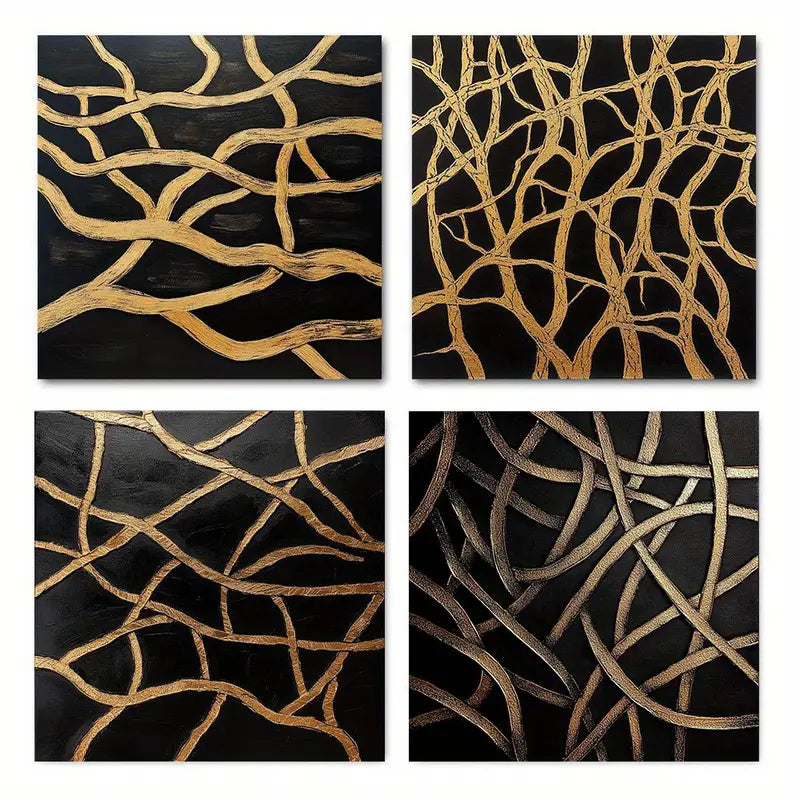 4pcs Abstract Black And Golden Lines Wall Art Canvas Framed