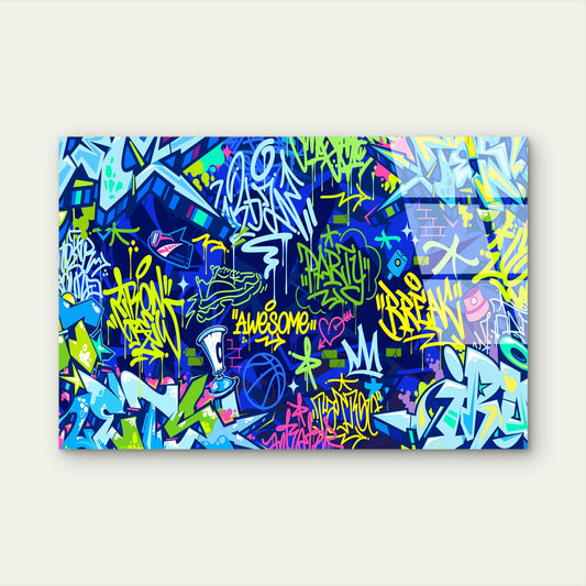 Cool Neon Blue Graffiti Acrylic Glass Printing Wall Art Australian Made Quality