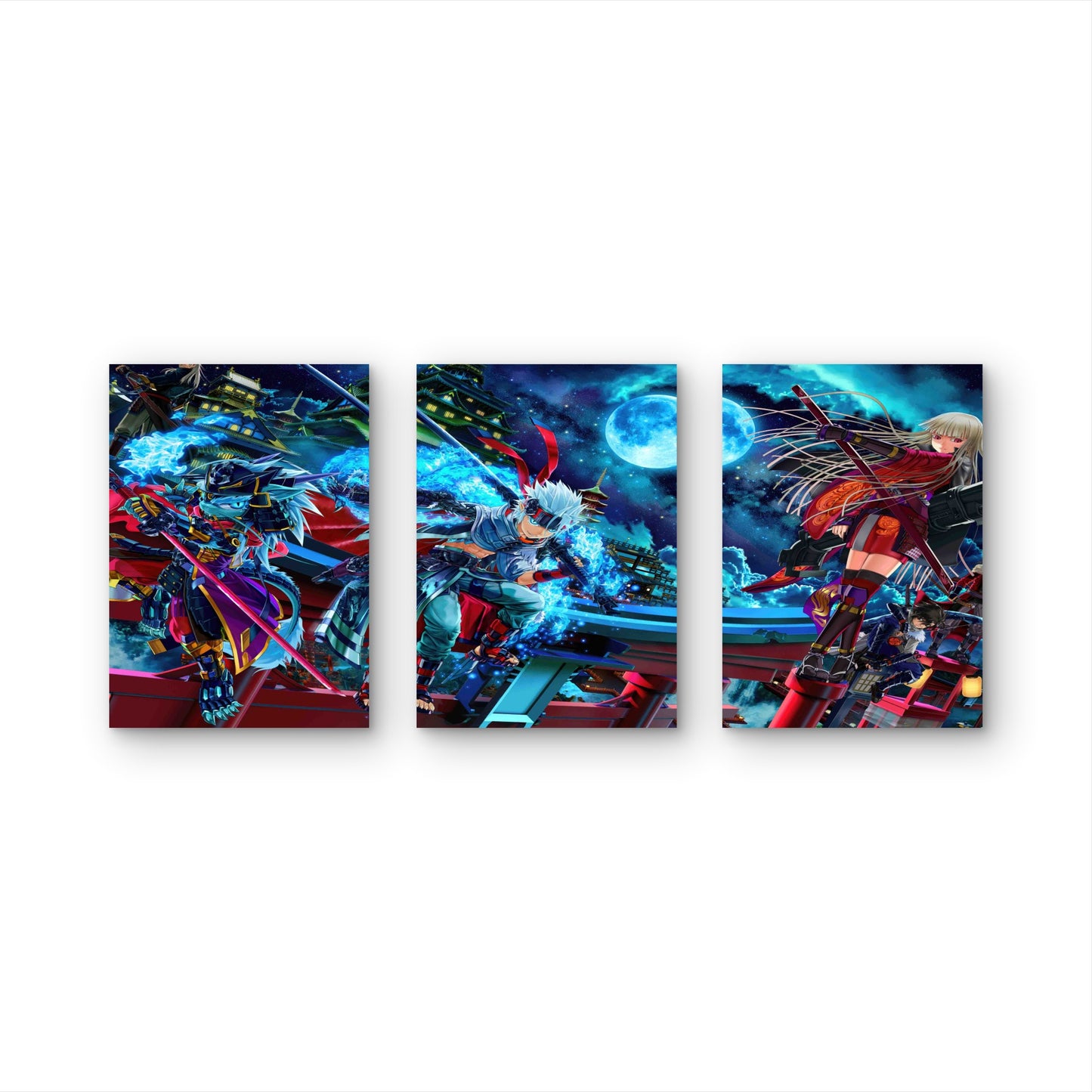 3pcs Cyberpunk Ninja Castle Full Moon Landscape Metal Print Ready to Hang Art