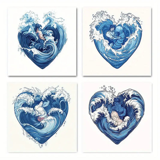 4pcs Surfing & Mermaid Designs, Blue & White Oce Wall Art Canvas Framed