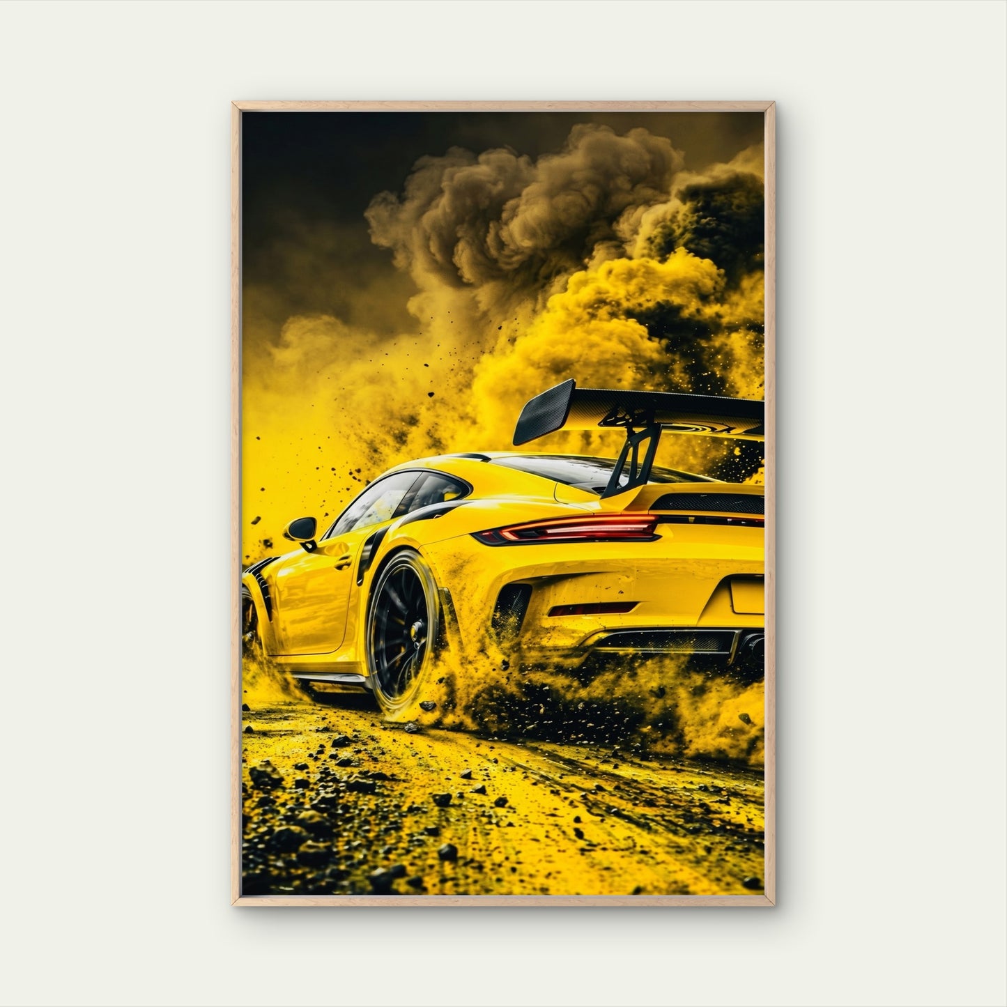 Yellow Porsche Sports Car Drifting Yellow Smoke Premium quality Poster print choose your sizes