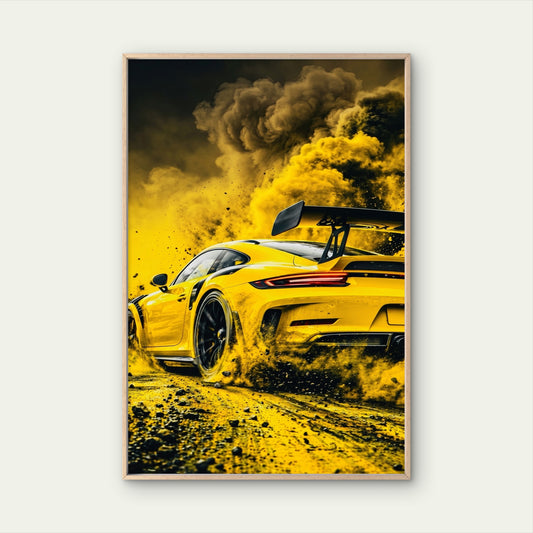 Yellow Porsche Sports Car Drifting Yellow Smoke Premium quality Poster print choose your sizes