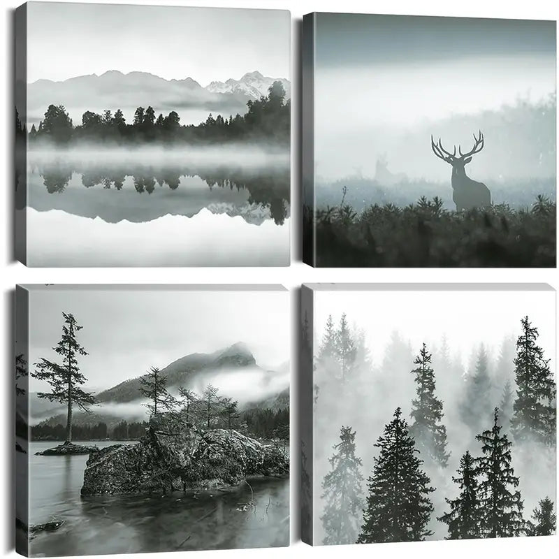 4pcs Forest And Mist Picture Painting Wall Art Canvas Framed