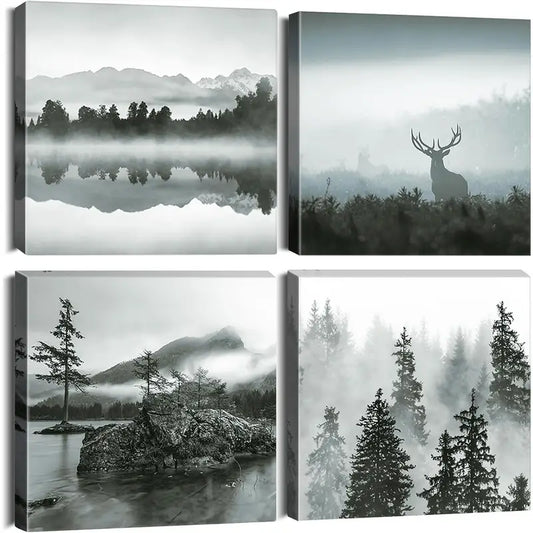 4pcs Forest And Mist Picture Painting Wall Art Canvas Framed
