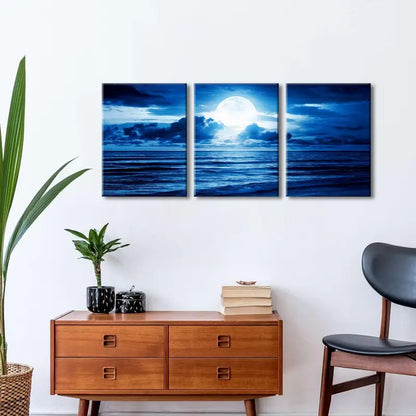 3pcs Blue Clouds Moonlit Seascape Metal Print Ready to Hang Art - Bella Home Decor