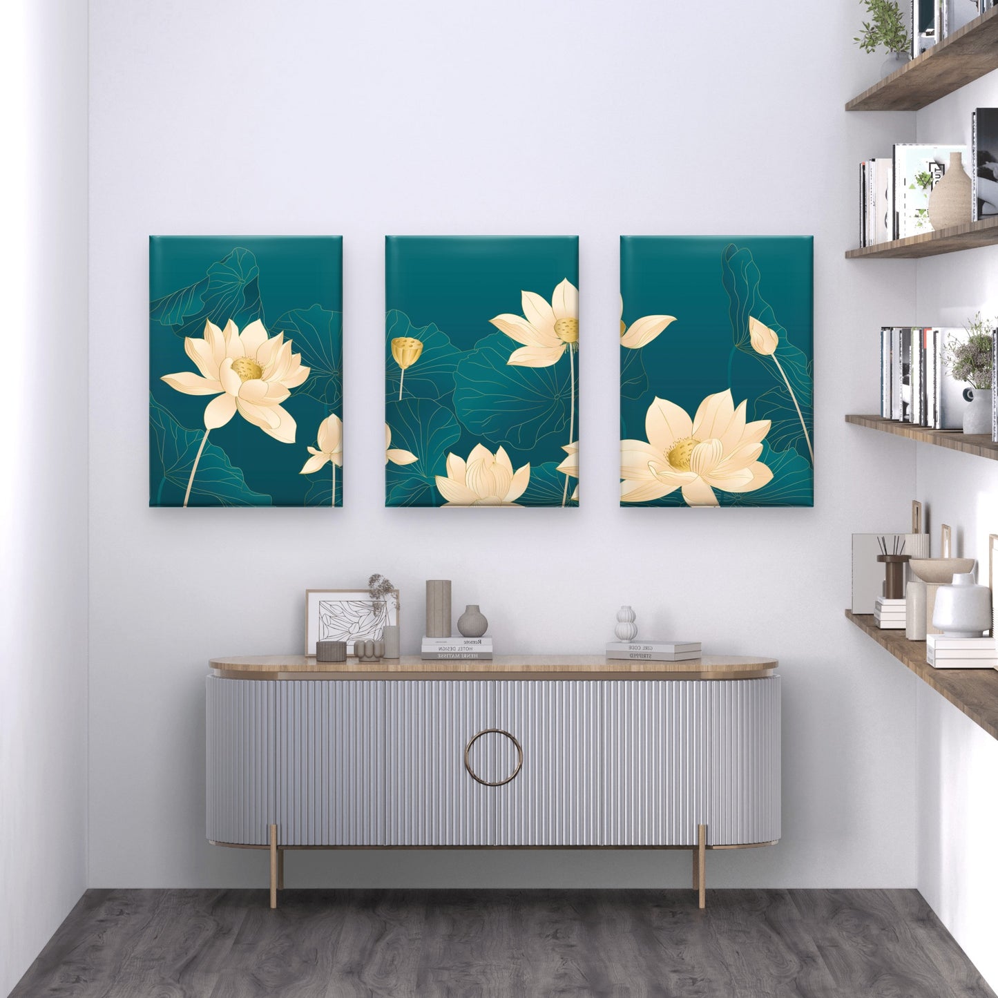 3pcs Golden Lotus Botanical Illustration  Wall Art Set Canvas Framed 40x60cm - High Quality Print 100% Australian Made Wall Canvas Ready to Hang