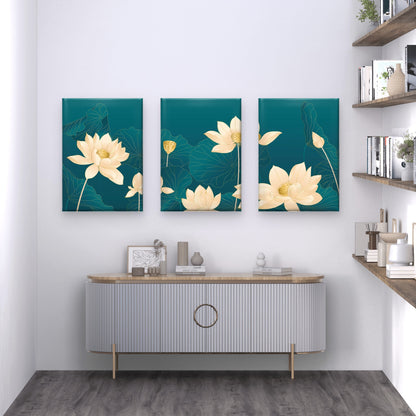 3pcs Golden Lotus Botanical Illustration  Wall Art Set Canvas Framed 50x70cm - High Quality Print 100% Australian Made Wall Canvas Ready to Hang
