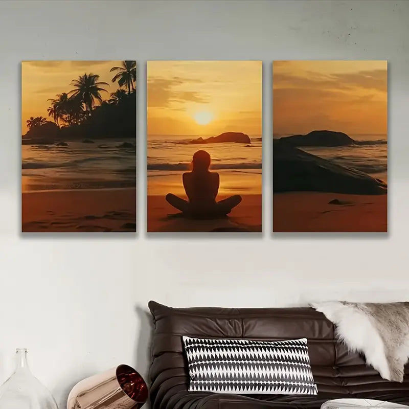 3pcs Sunset Beach Meditation Poster Wall Art Set Canvas Framed 60x90cm - High Quality Print 100% Australian Made Wall Canvas Ready to Hang