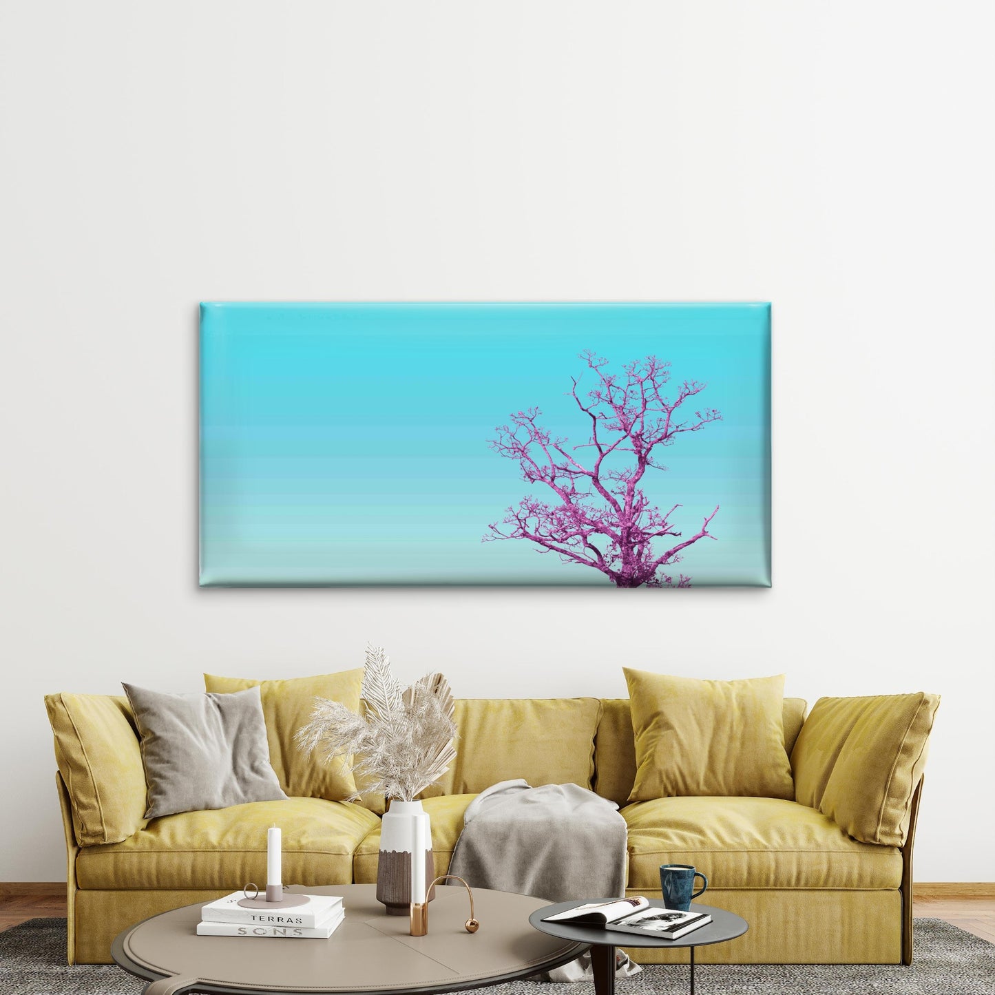 Pink Tree On Blue S Wall Art Canvas Office Home Room Framed 120x60cm - Bella Home Decor